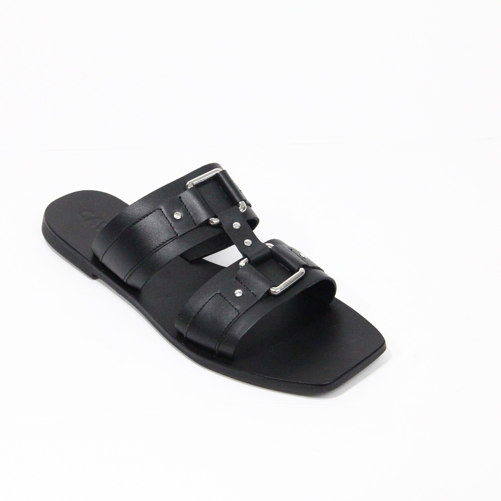 Caverley Women Square Toe Sandals NEW Eu 39 Black Leather Flat Shoes Slide Cass